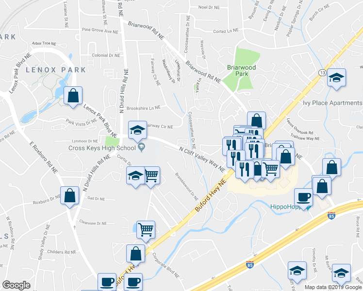 map of restaurants, bars, coffee shops, grocery stores, and more near 1338 North Cliff Valley Way Northeast in Atlanta