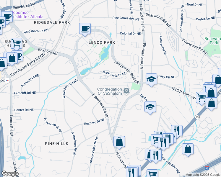 map of restaurants, bars, coffee shops, grocery stores, and more near 1103 Lynmoor Drive Northeast in Atlanta