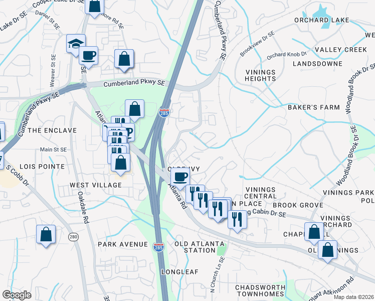 map of restaurants, bars, coffee shops, grocery stores, and more near 4639 Ivy Gate Circle Southeast in Atlanta