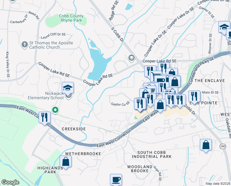 map of restaurants, bars, coffee shops, grocery stores, and more near 1545 Gaylor Drive Southeast in Smyrna