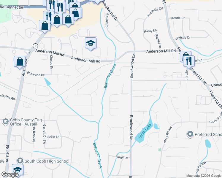 map of restaurants, bars, coffee shops, grocery stores, and more near 4418 Brookwood Drive in Mableton