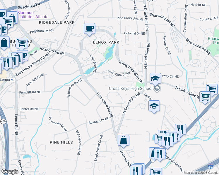 map of restaurants, bars, coffee shops, grocery stores, and more near 1063 Lynmoor Drive Northeast in Atlanta