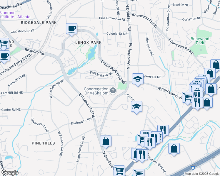 map of restaurants, bars, coffee shops, grocery stores, and more near 1149 Lynmoor Drive Northeast in Atlanta