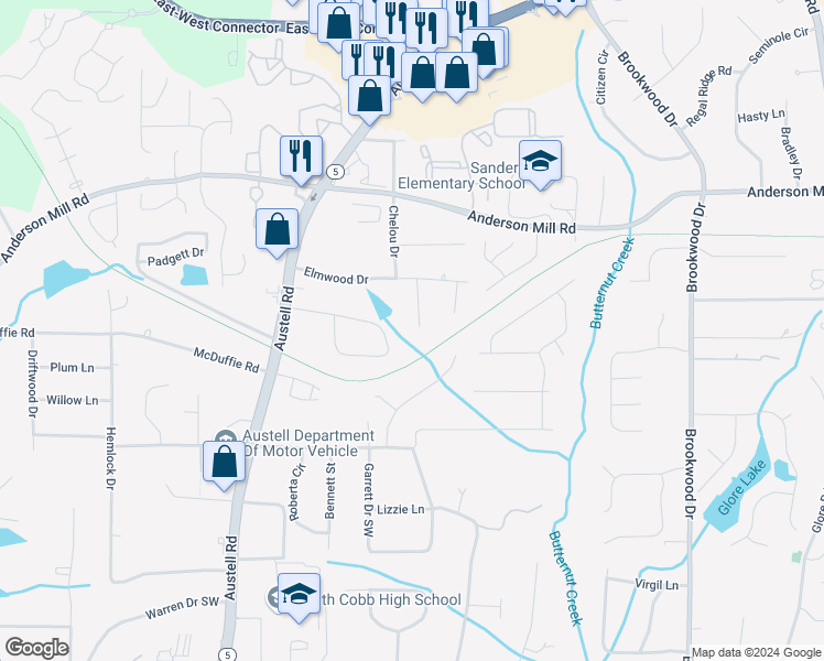 map of restaurants, bars, coffee shops, grocery stores, and more near 4488 Pair Valley Drive in Austell