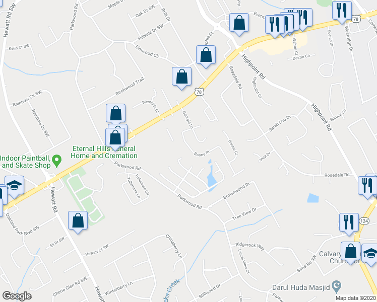 map of restaurants, bars, coffee shops, grocery stores, and more near 2121 Boone Place in Snellville