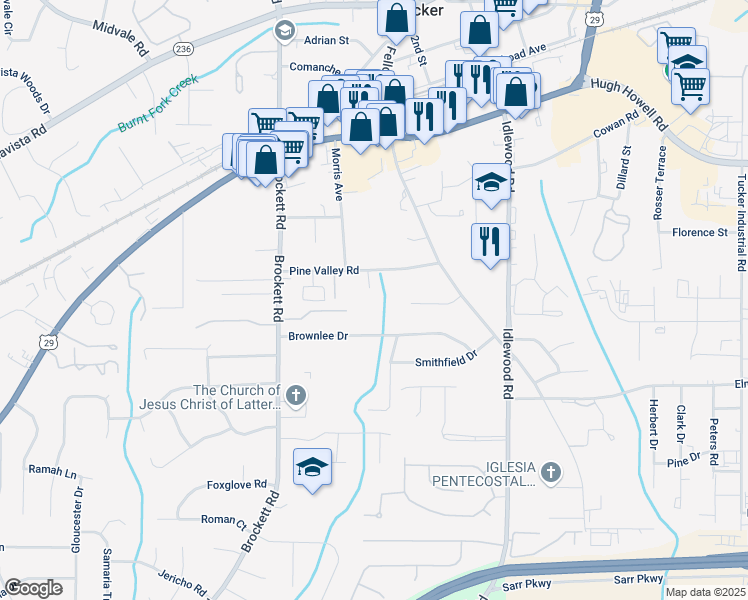 map of restaurants, bars, coffee shops, grocery stores, and more near 4127 Pine Valley Road in Tucker