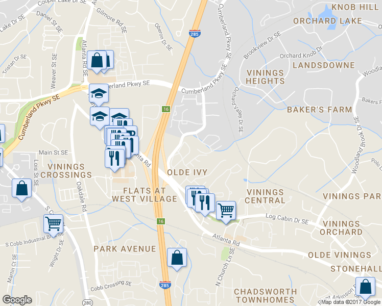 map of restaurants, bars, coffee shops, grocery stores, and more near 4639 Ivy Gate Circle Southeast in Atlanta