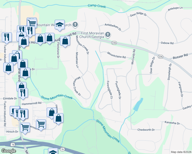 map of restaurants, bars, coffee shops, grocery stores, and more near 2079 Mountain Creek Road in Stone Mountain