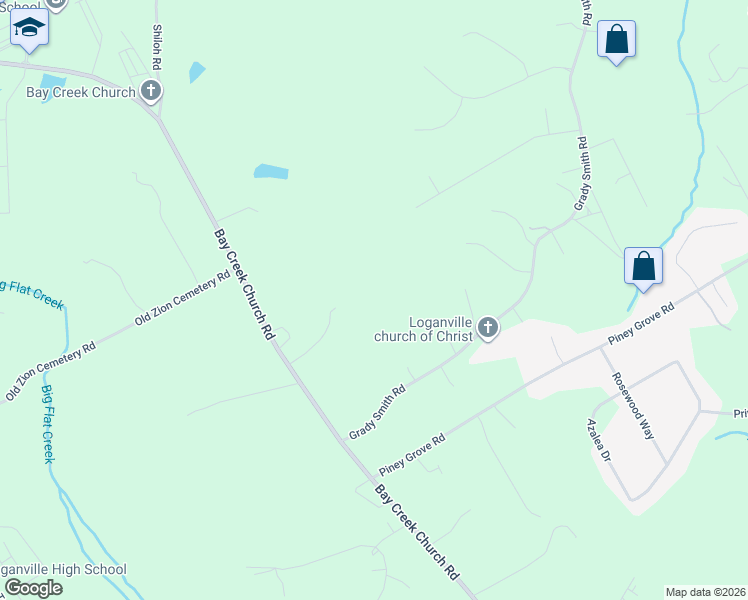 map of restaurants, bars, coffee shops, grocery stores, and more near 3600 Grady Smith Road in Loganville