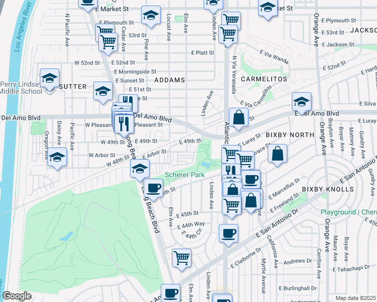 map of restaurants, bars, coffee shops, grocery stores, and more near 2 Elm Avenue in Long Beach