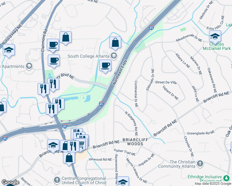 map of restaurants, bars, coffee shops, grocery stores, and more near 2068 Fisher Trail Northeast in Atlanta