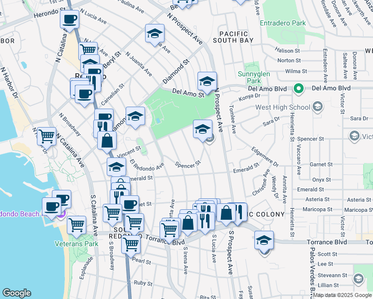 map of restaurants, bars, coffee shops, grocery stores, and more near 221 North Juanita Avenue in Redondo Beach