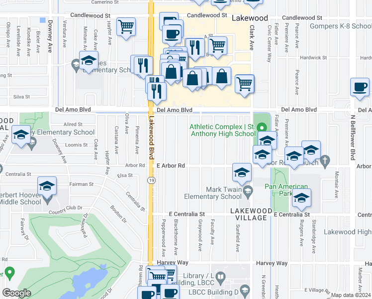 map of restaurants, bars, coffee shops, grocery stores, and more near 4741 Hazelbrook Avenue in Long Beach
