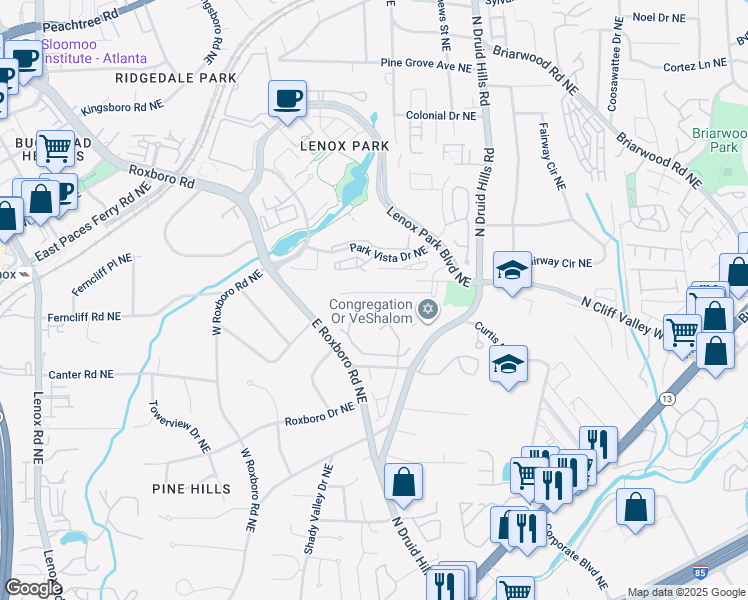 map of restaurants, bars, coffee shops, grocery stores, and more near 1103 Lynmoor Drive Northeast in Atlanta