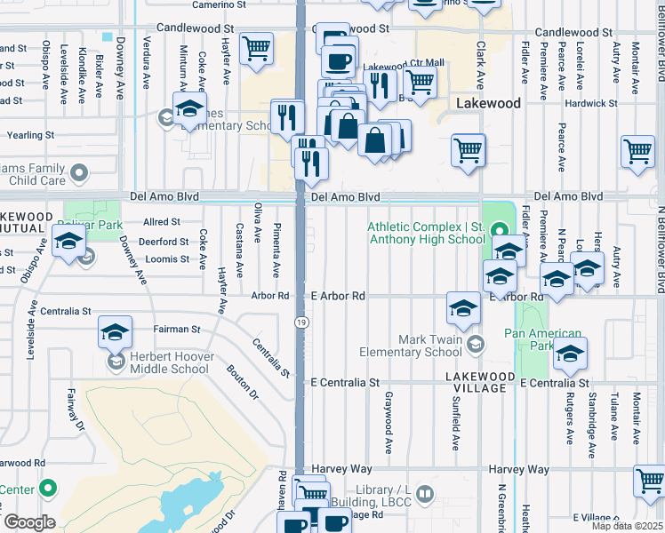 map of restaurants, bars, coffee shops, grocery stores, and more near 4740 Pepperwood Avenue in Long Beach