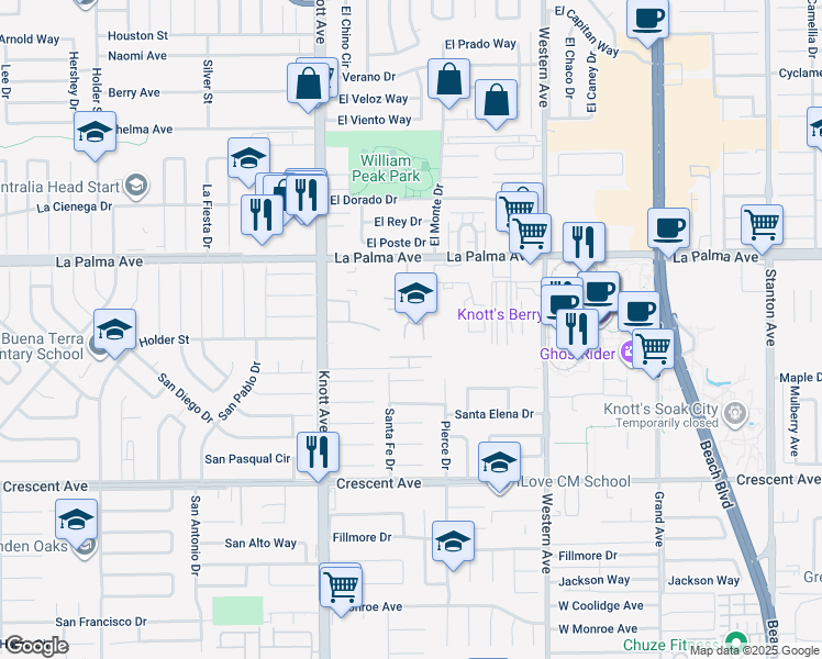 map of restaurants, bars, coffee shops, grocery stores, and more near 8214 Santa Inez Way in Buena Park