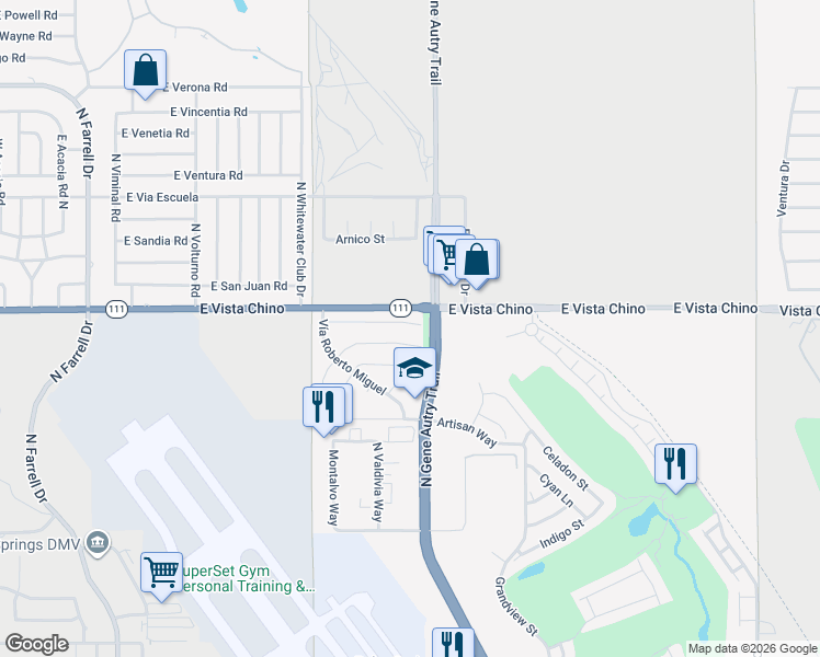 map of restaurants, bars, coffee shops, grocery stores, and more near 3676 East Paseo Barbara in Palm Springs