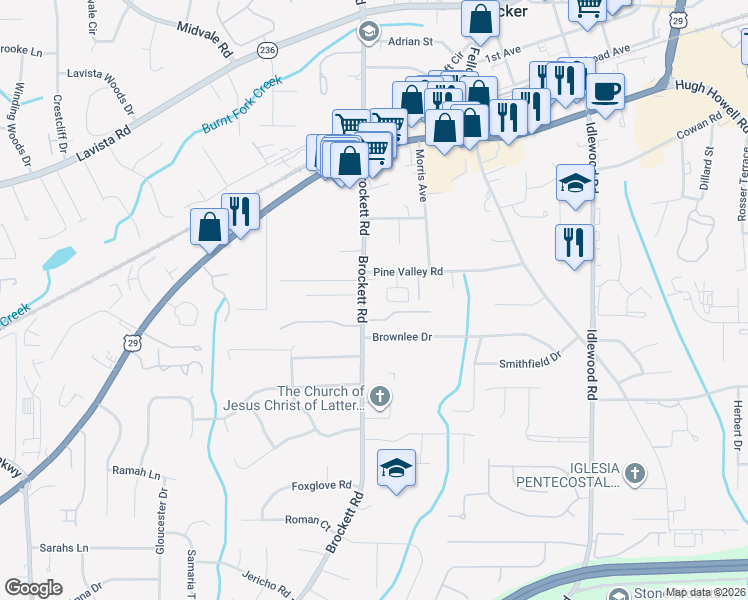 map of restaurants, bars, coffee shops, grocery stores, and more near 4073 Pine Valley Road in Tucker