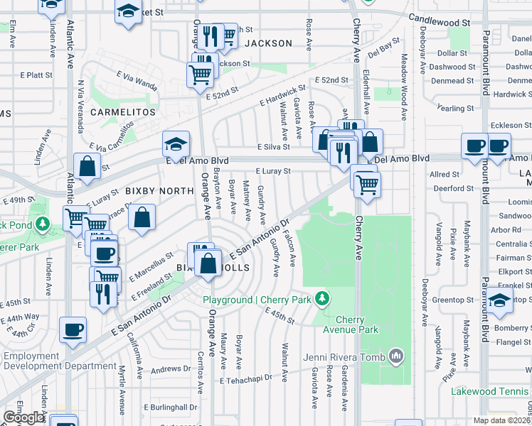 map of restaurants, bars, coffee shops, grocery stores, and more near 4732 Gundry Avenue in Long Beach
