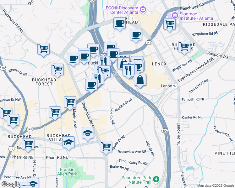 map of restaurants, bars, coffee shops, grocery stores, and more near 57 Highland Drive Northeast in Atlanta