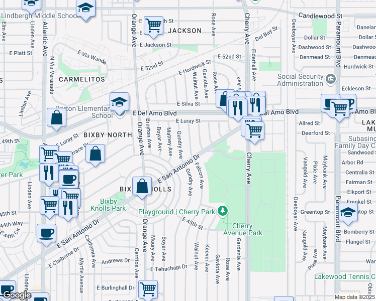 map of restaurants, bars, coffee shops, grocery stores, and more near 4719 Falcon Avenue in Long Beach