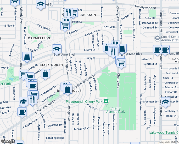 map of restaurants, bars, coffee shops, grocery stores, and more near 4719 Falcon Avenue in Long Beach