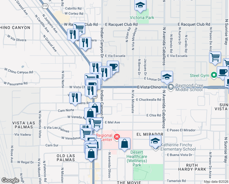 map of restaurants, bars, coffee shops, grocery stores, and more near 401 East Vista Chino in Palm Springs
