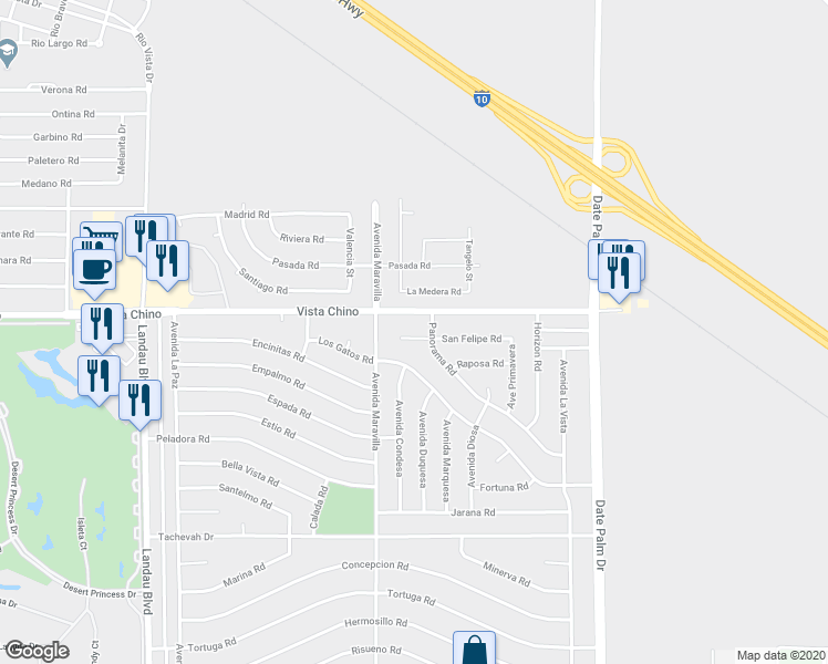map of restaurants, bars, coffee shops, grocery stores, and more near 68580 San Felipe Road in Cathedral City