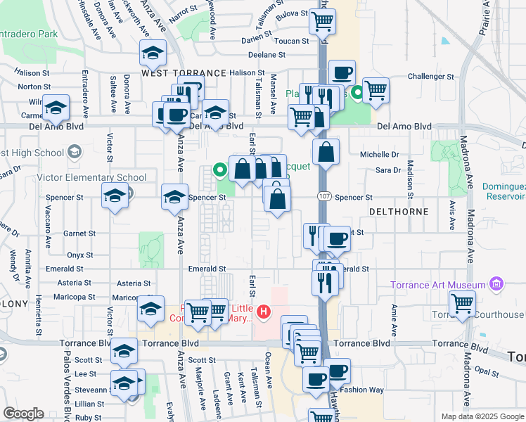 map of restaurants, bars, coffee shops, grocery stores, and more near 20520 Earl Street in Torrance