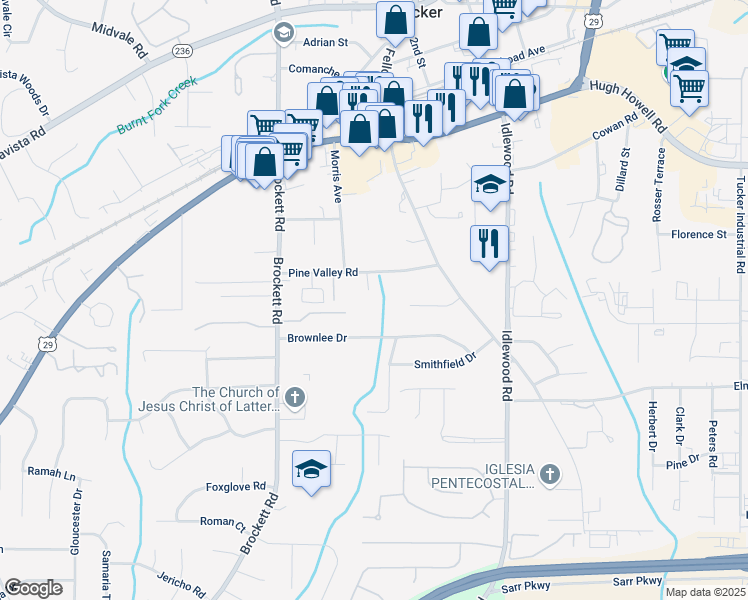map of restaurants, bars, coffee shops, grocery stores, and more near 4127 Pine Valley Road in Tucker