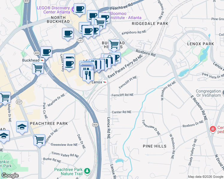 map of restaurants, bars, coffee shops, grocery stores, and more near 3280 Ferncliff Place Northeast in Atlanta