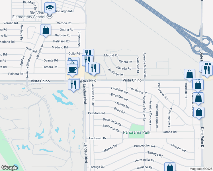 map of restaurants, bars, coffee shops, grocery stores, and more near 68080 Encinitas Road in Cathedral City