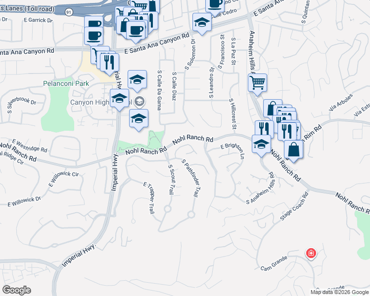 map of restaurants, bars, coffee shops, grocery stores, and more near 5946 East Cll Principia in Anaheim