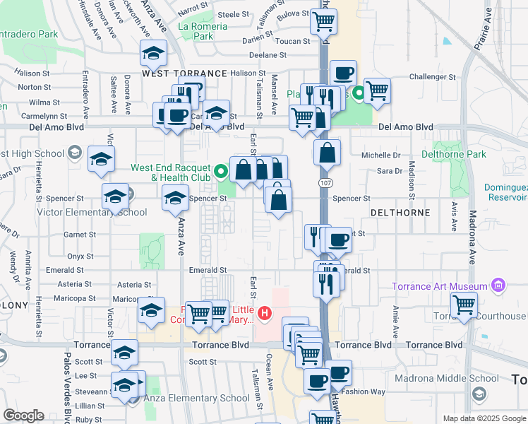 map of restaurants, bars, coffee shops, grocery stores, and more near 20520 Earl Street in Torrance