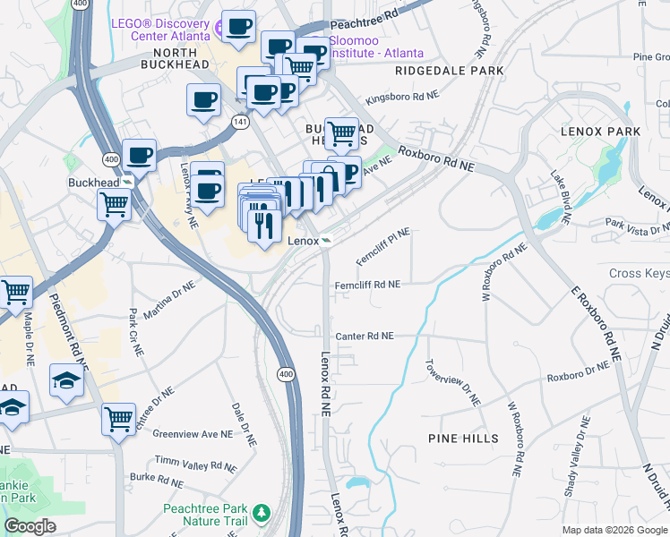 map of restaurants, bars, coffee shops, grocery stores, and more near 3275 Lenox Road Northeast in Atlanta