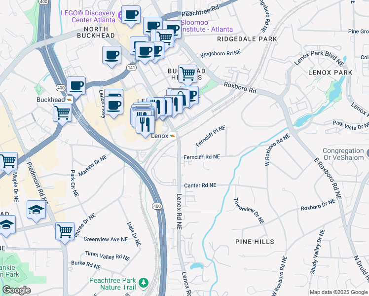 map of restaurants, bars, coffee shops, grocery stores, and more near 3275 Lenox Road Northeast in Atlanta