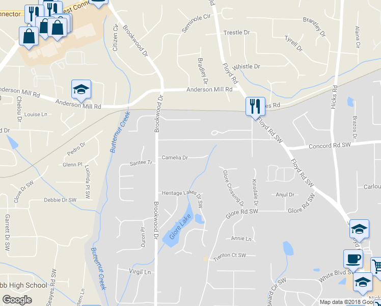 map of restaurants, bars, coffee shops, grocery stores, and more near 4487 Brookwood Drive in Mableton