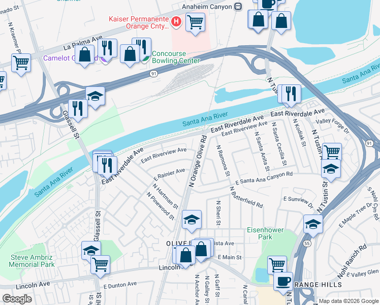 map of restaurants, bars, coffee shops, grocery stores, and more near 808 East Riverview Avenue in Orange