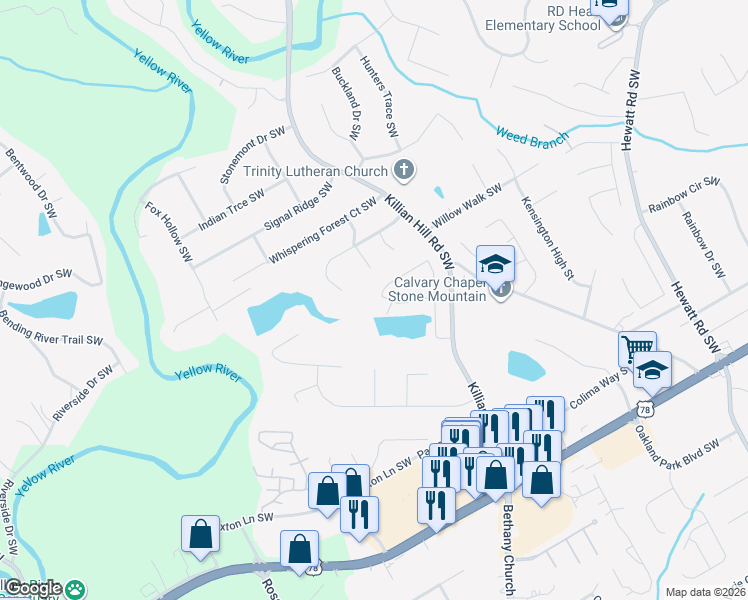 map of restaurants, bars, coffee shops, grocery stores, and more near 4343 Pond Edge Road Southwest in Snellville