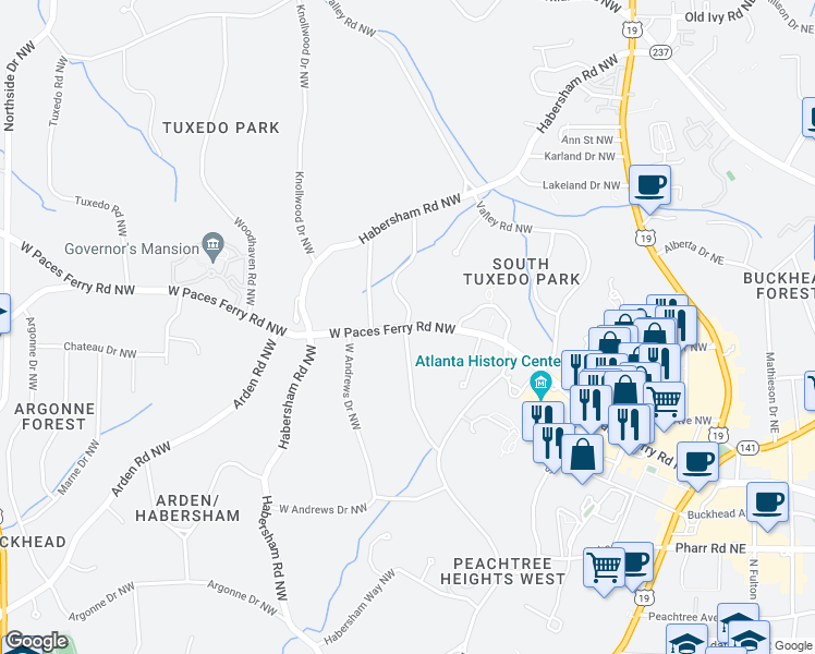 map of restaurants, bars, coffee shops, grocery stores, and more near West Paces Ferry Rd NW & Chatham Rd NW in Atlanta