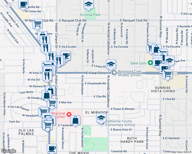 map of restaurants, bars, coffee shops, grocery stores, and more near 800 East Cottonwood Road in Palm Springs