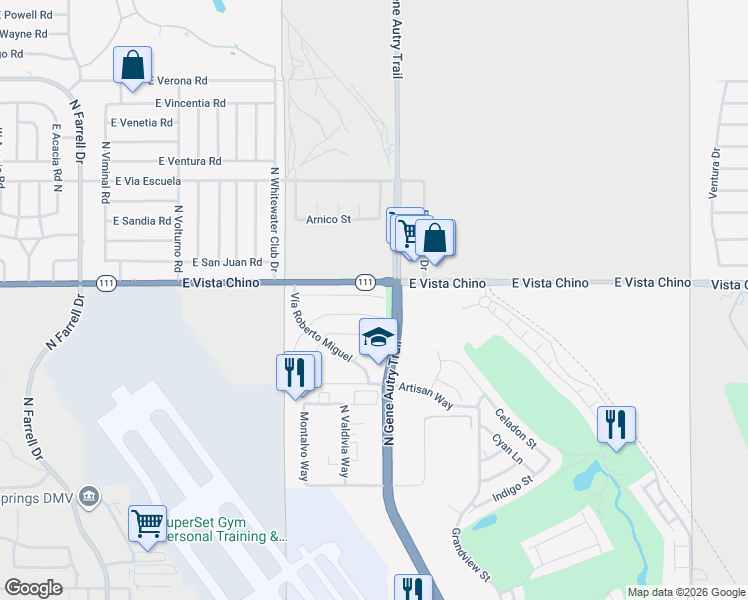 map of restaurants, bars, coffee shops, grocery stores, and more near 3676 East Paseo Barbara in Palm Springs