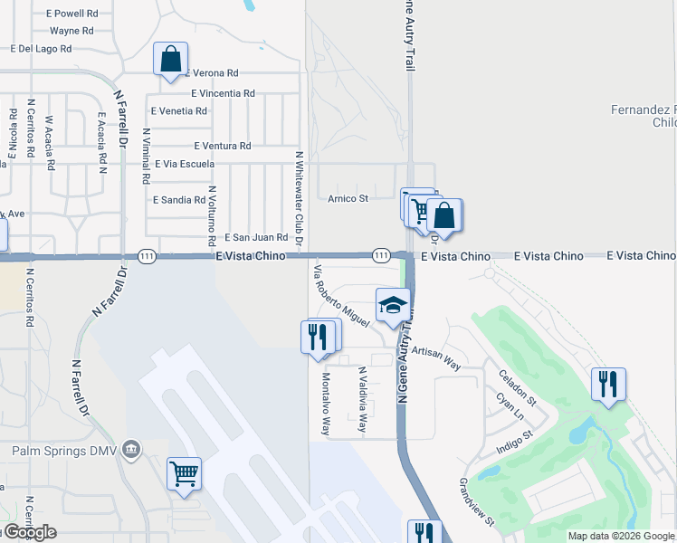 map of restaurants, bars, coffee shops, grocery stores, and more near 3390 East Paseo Barbara in Palm Springs