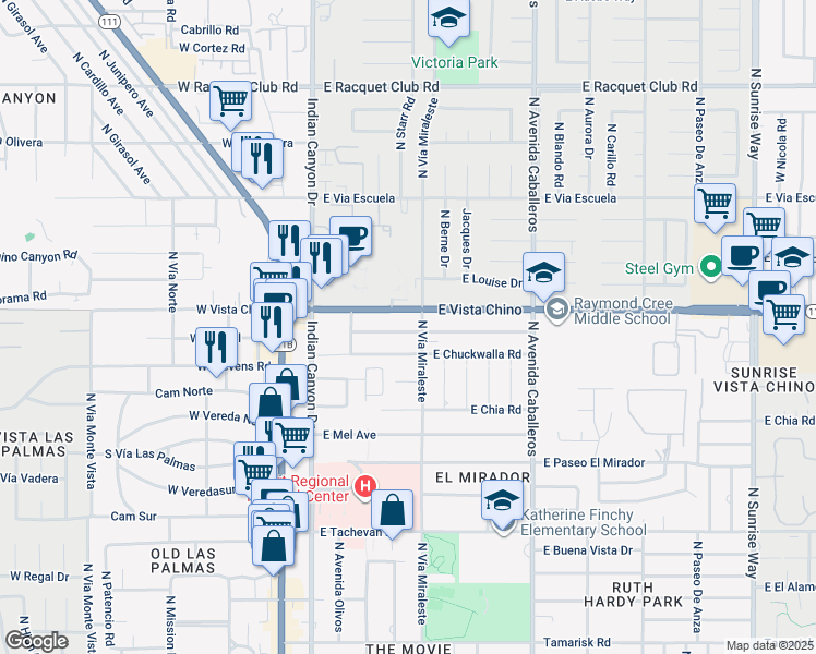 map of restaurants, bars, coffee shops, grocery stores, and more near 522 East Cottonwood Road in Palm Springs