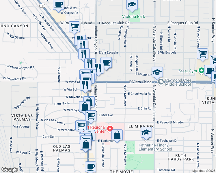 map of restaurants, bars, coffee shops, grocery stores, and more near 401 East Vista Chino in Palm Springs