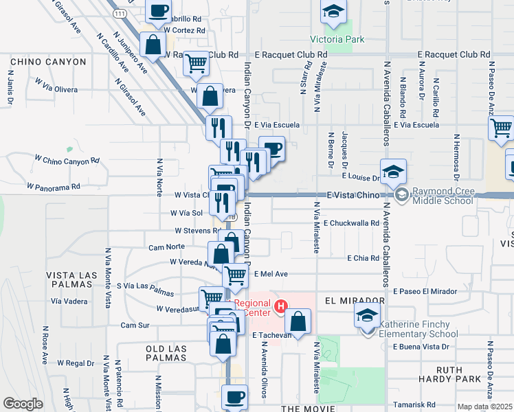 map of restaurants, bars, coffee shops, grocery stores, and more near 1555 North Chaparral Road in Palm Springs