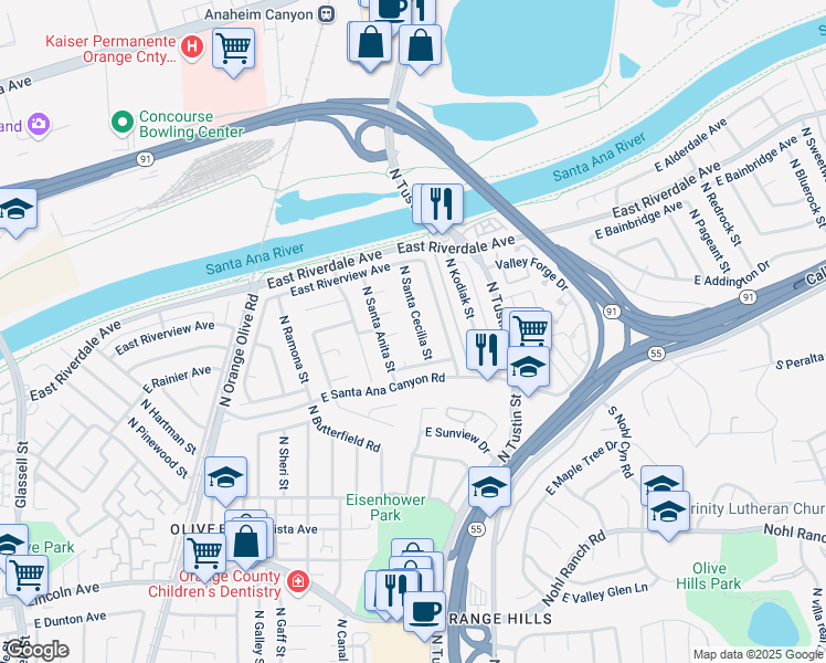 map of restaurants, bars, coffee shops, grocery stores, and more near 4120 North Santa Cecilia Street in Orange