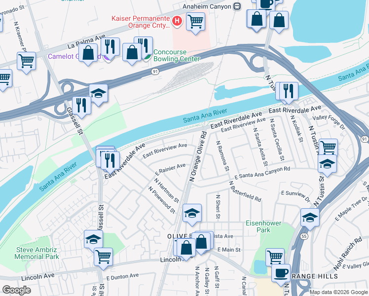 map of restaurants, bars, coffee shops, grocery stores, and more near 808 East Riverview Avenue in Orange