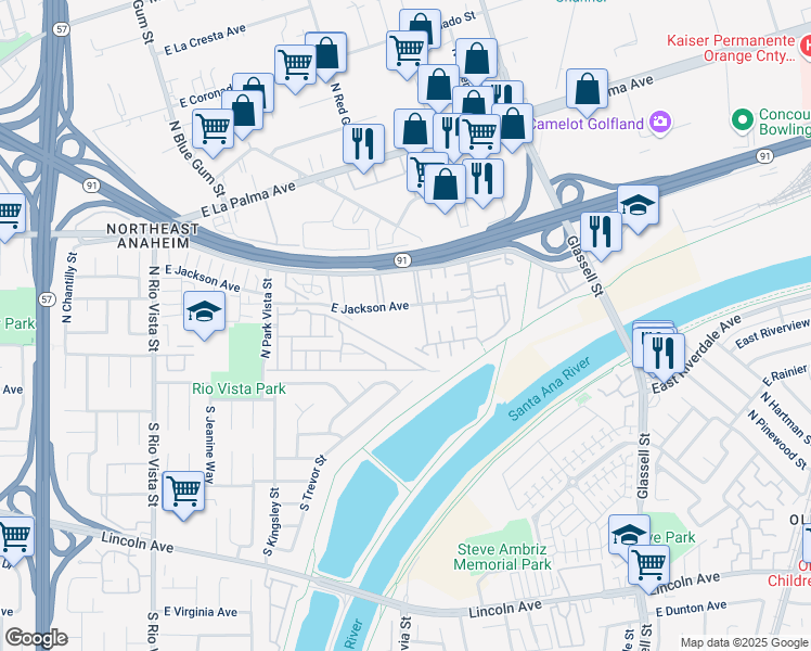 map of restaurants, bars, coffee shops, grocery stores, and more near 404 North Vía Porto in Anaheim