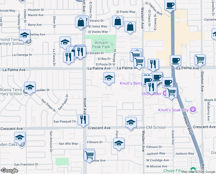 map of restaurants, bars, coffee shops, grocery stores, and more near 8227 Santa Inez Way in Buena Park